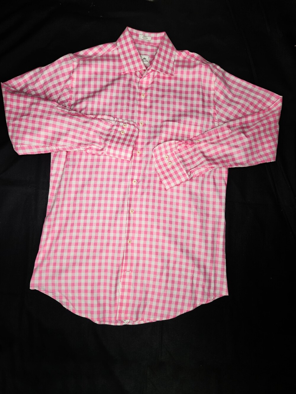 Peter Millar Mens Medium Pink And White Checkered Long Sleeve Button Down